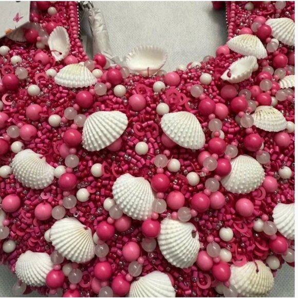 Hot Pink Sea Shell Beaded Boho Bag Handcrafted in India NWT Tik Tok Viral - Picture 4 of 5